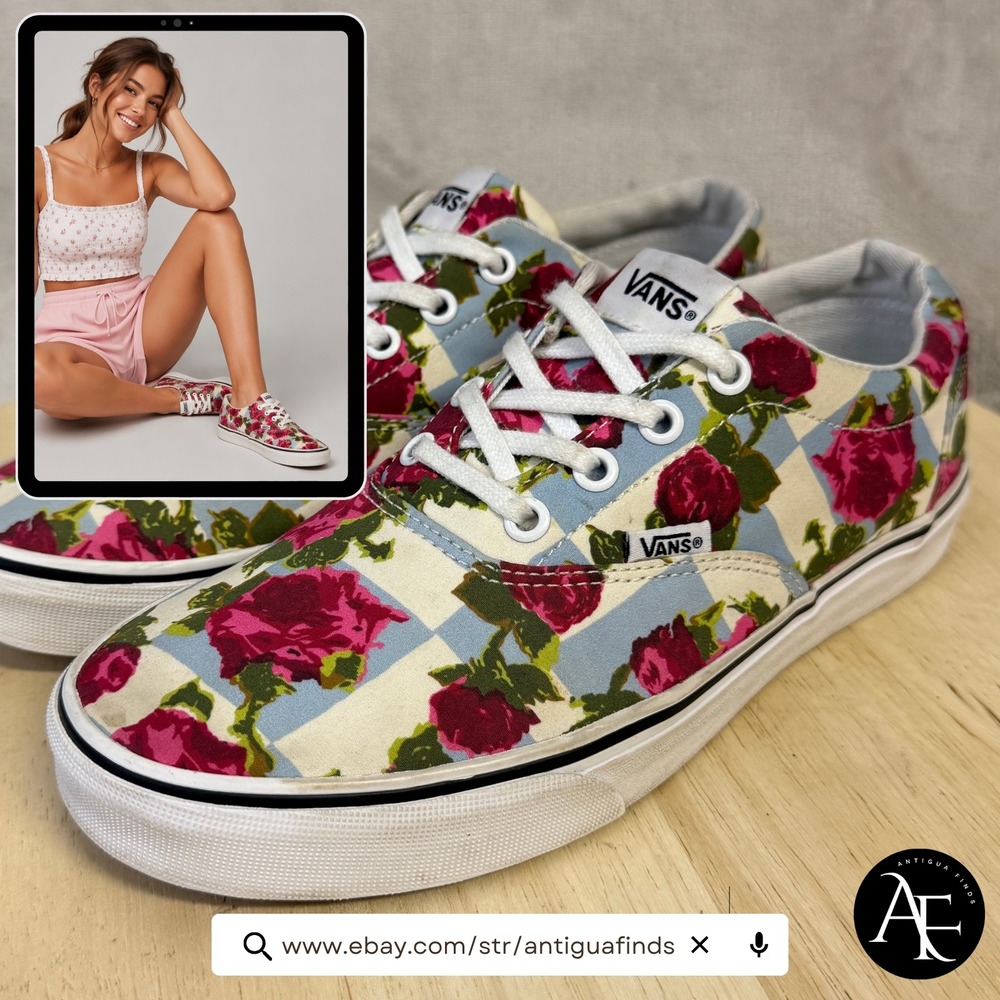Vans Era Floral Checkerboard Sneakers Womens 8 Blue Red Rose Low Top Shoes